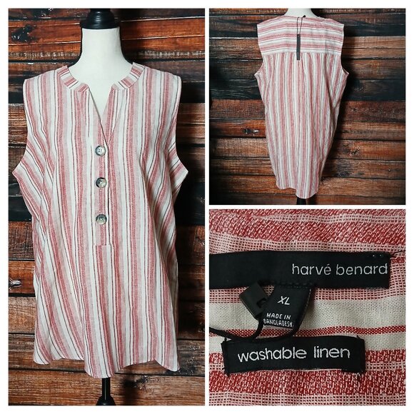 NWT Harve Benard XL Tunic Top Linen Cotton Blend Red Cream Striped Sleeveless - Picture 1 of 10